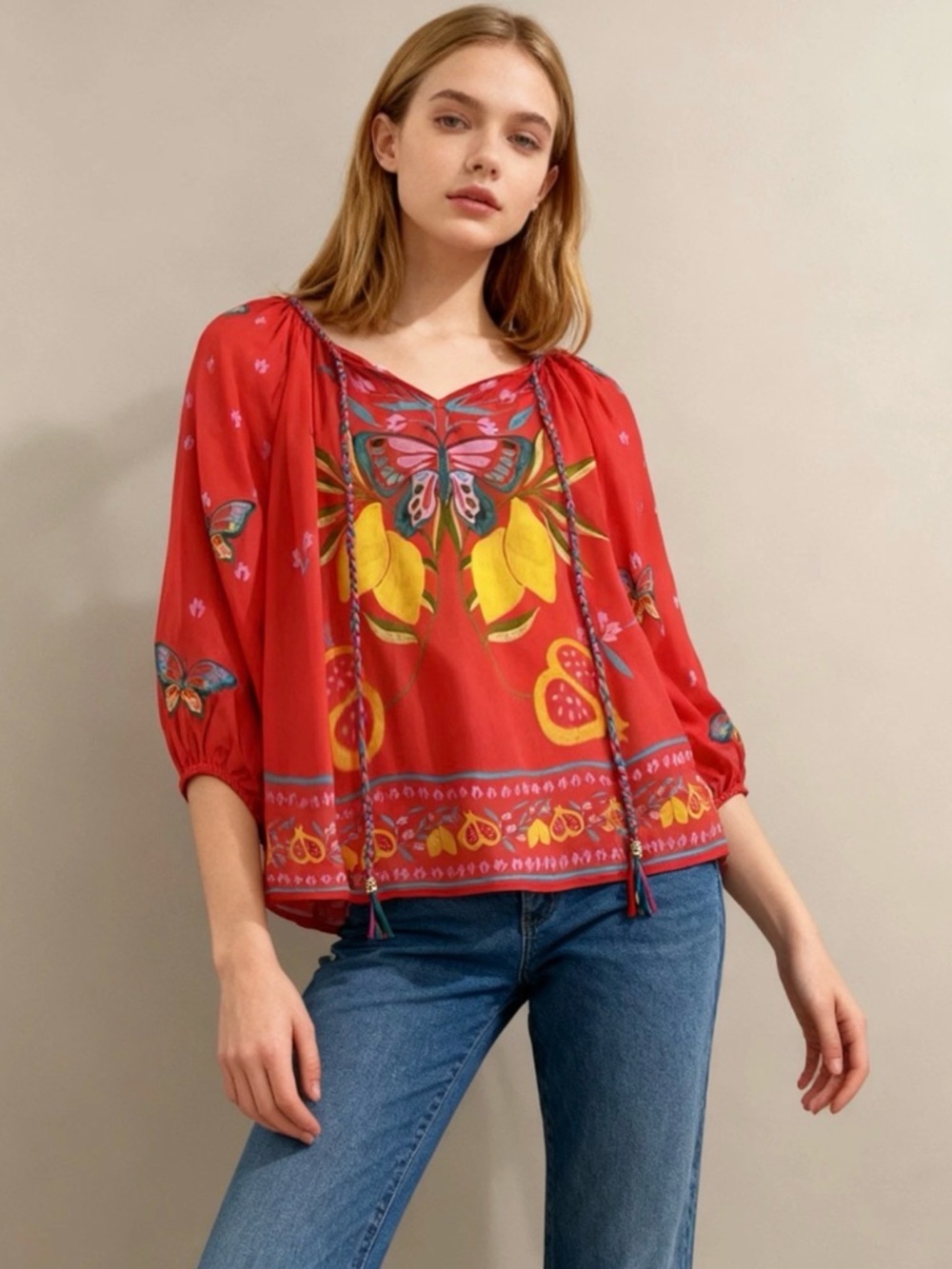 JOHNNY WAS Jade Monaco Peasant Floral Red Silk Blend Blouse